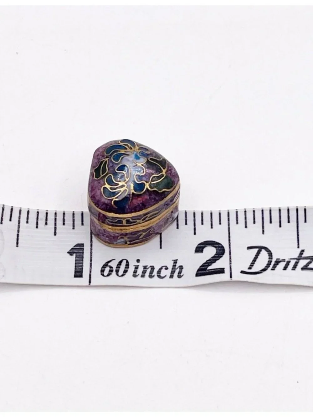 Miniature Cloisonne Enamel Heart Trinket Box Purple Blue Floral Hinged Pill Box